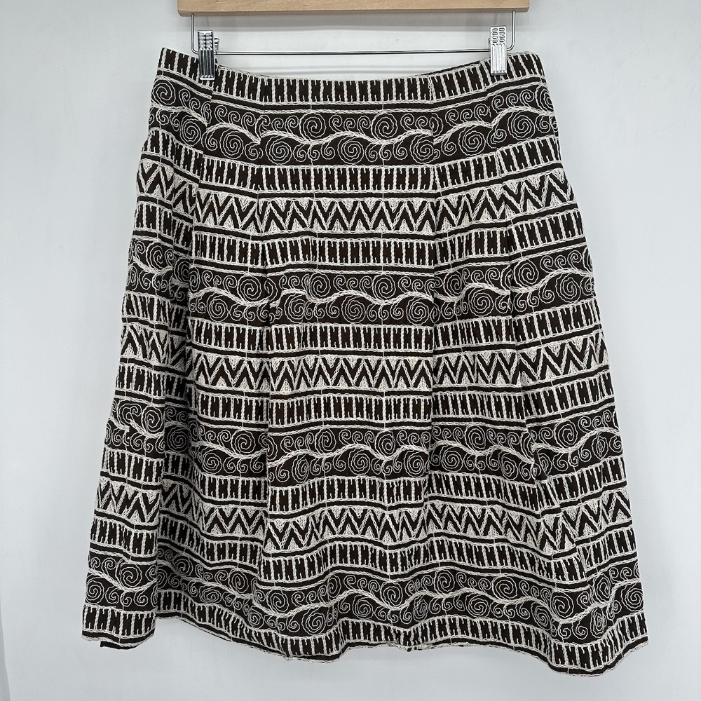 Women's Boho Embroidered A-Line Skirt Brown White Cotton Lined Sz 12 Tribal Geo